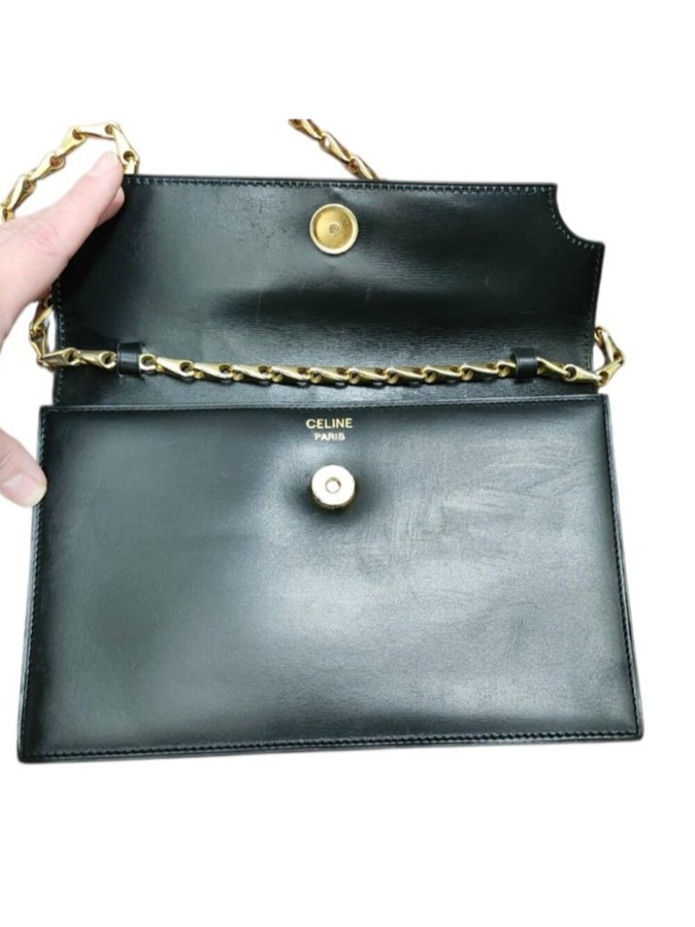 Vintage Celine Paris Black Leather Chain Shoulder Bag France Gold Hardware Rare - Picture 13 of 16
